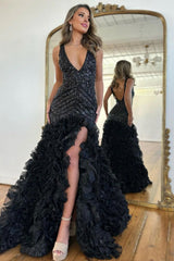 Black Mermaid V-Neck Long Sequin Prom Dress With Ruffles