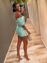 Aqua - Off The Shoulder Satin Bodycon Short Homecoming Dress With Beading