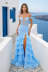 Blue Off The Shoulder Mermaid Chiffon Ruffled Formal Prom Dresses With Appliques