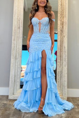Blue Off The Shoulder Mermaid Chiffon Ruffled Formal Prom Dresses With Appliques