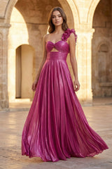 A-Line Fuchsia One Shoulder Keyhole Pleated Metallic Prom Dress with Slit