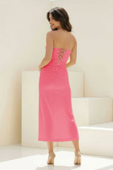 Coral Strapless Sleeveless Sheath Pleated Formal Prom Dresses With Slit