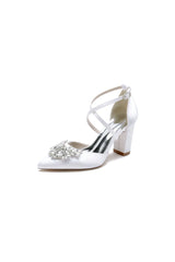 White Cross-Strap Pump with Crystal Flower Accent