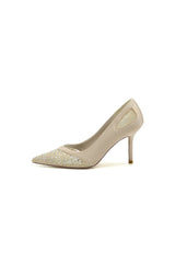 Champagne High Heels with Silver Bead and Lace Trim