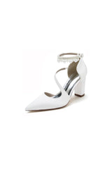 White Satin Heels with Cross-Strap Design and Pearl-Accented Buckle