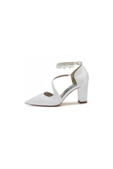 White Satin Heels with Cross-Strap Design and Pearl-Accented Buckle