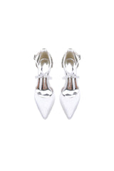 White Satin Pump with Cross-Strap and Metal Accent