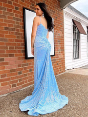 Mermaid Sky Blue Sequin Long Prom Dress