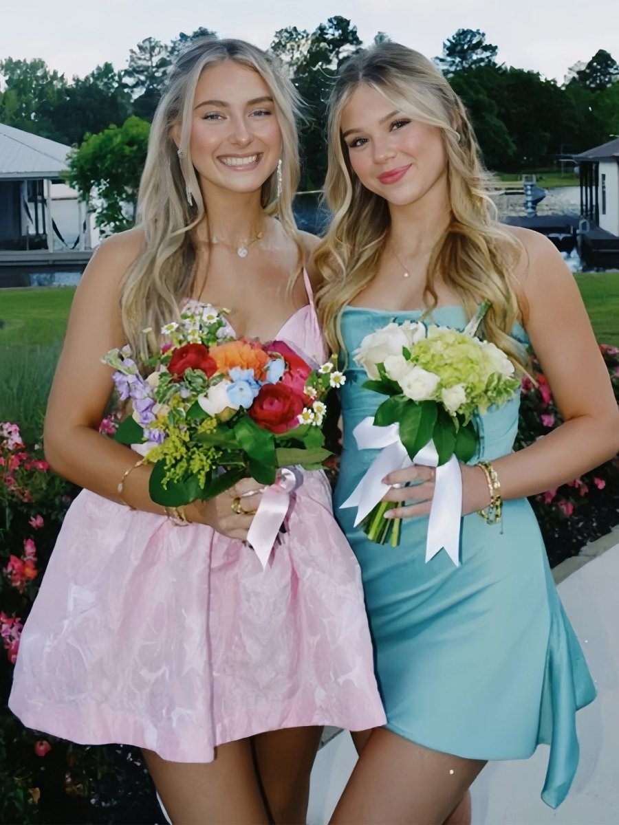 Aqua - Strapless Sheath Irregular Hem Satin Short Homecoming & Cocktail Dress