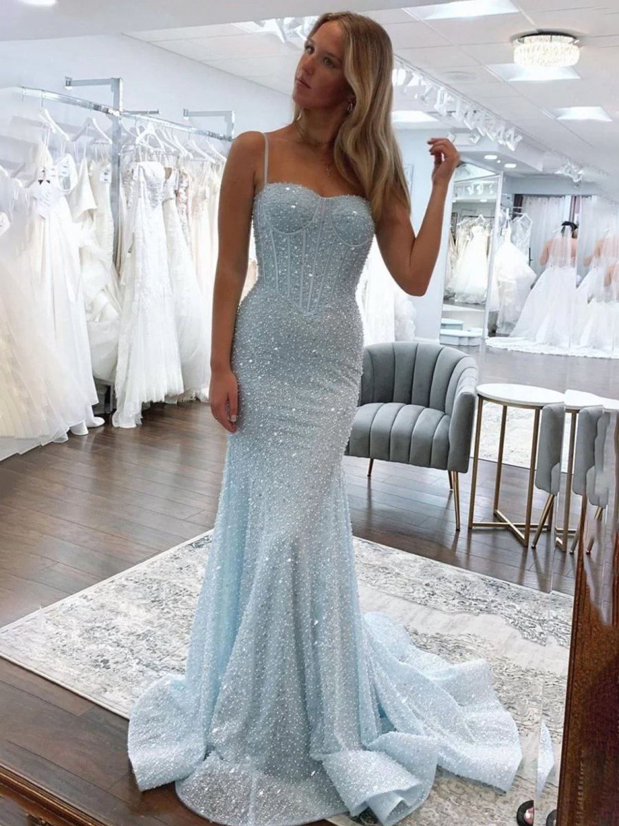 Mermaid Sweetheart Sky Blue Sequins Prom Dresses