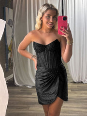 Black - Strapless Satin Bodycon Short Homecoming Dresses With Beading