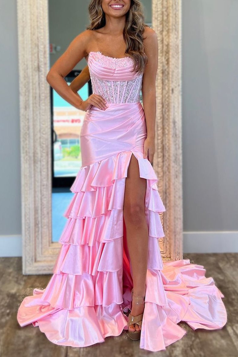 Charming Mermaid Strapless Pink Satin Long Prom Dresses with Appliques