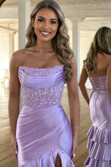 Charming Mermaid Strapless Pink Satin Long Prom Dresses with Appliques