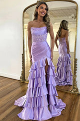 Charming Mermaid Strapless Pink Satin Long Prom Dresses with Appliques