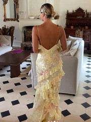 Yellow Spaghetti Straps Mermaid Long Prom Dress with Ruffles