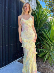 Yellow Spaghetti Straps Mermaid Long Prom Dress with Ruffles