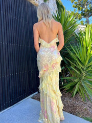 Yellow Spaghetti Straps Mermaid Long Prom Dress with Ruffles