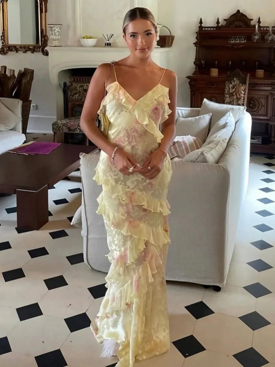 Yellow Spaghetti Straps Mermaid Long Prom Dress with Ruffles