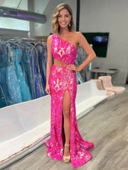 Mermaid One Shoulder Keyhole Sequins Lace Long Prom Dresses with Slit