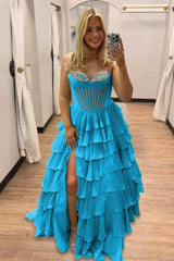 Azure - Strapless A Line Chiffon Ruffled Formal Prom Dresses With Beading