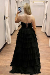 Black - Strapless A Line Chiffon Ruffled Formal Prom Dresses With Beading