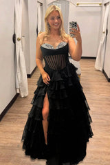 Black - Strapless A Line Chiffon Ruffled Formal Prom Dresses With Beading