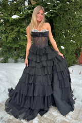 Black - Strapless A Line Chiffon Ruffled Formal Prom Dresses With Beading