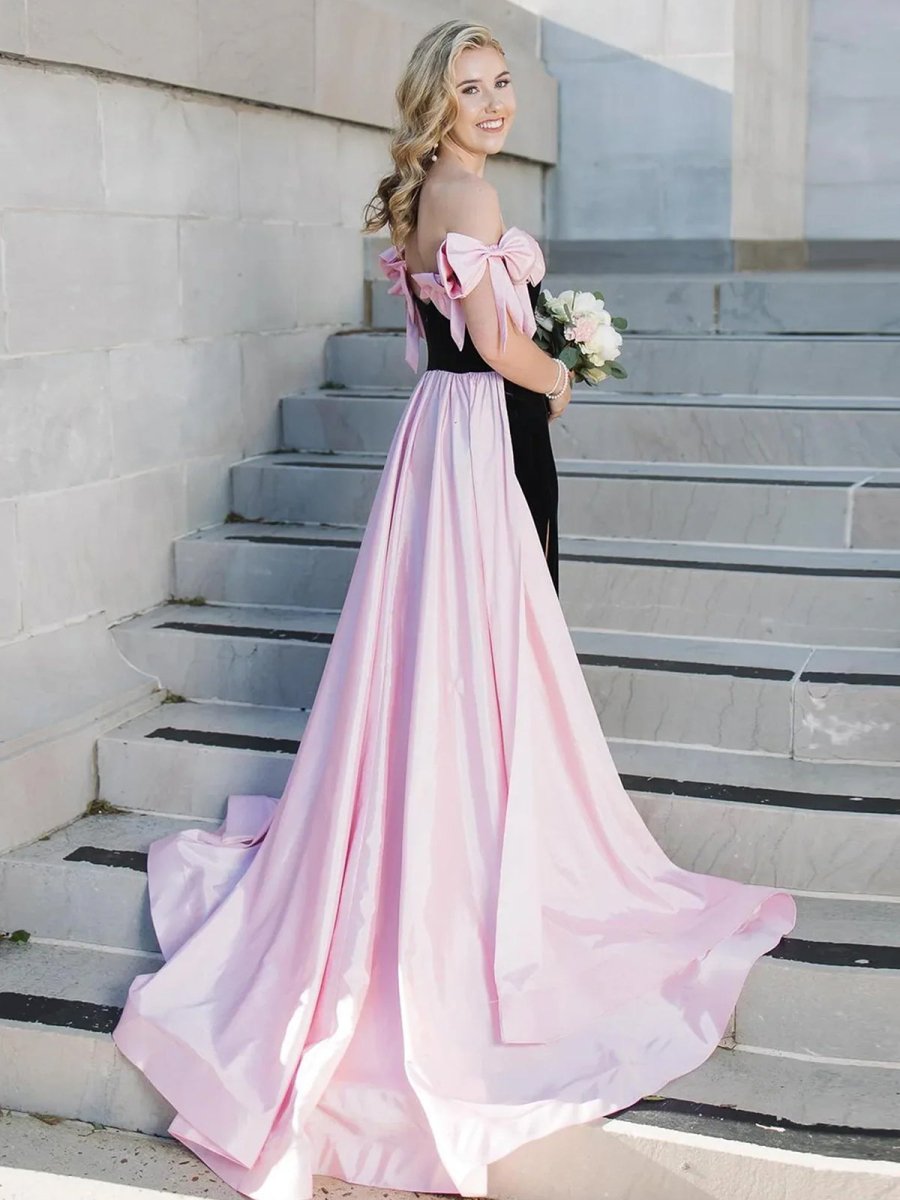 Off the Shoulder Pink Mermaid Long Velvet Prom Dress with Bows