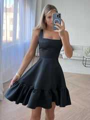 Black - A Line Satin Square Neck Ruffles Short Homecoming Dresses