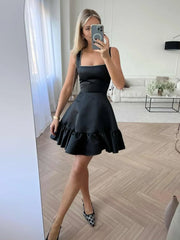 Black - A Line Satin Square Neck Ruffles Short Homecoming Dresses