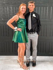 Emerald - Square Neck Satin A Line Short Homecoming Dresses
